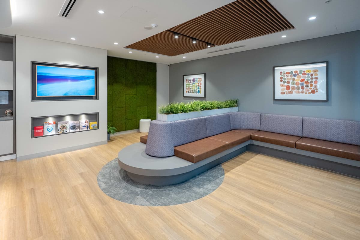 Modern waiting lounge with moss wall at Nepean Advanced Rehab
